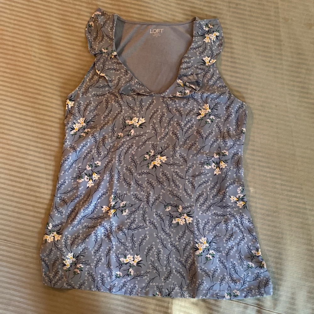 Loft Light Blue Floral Sleeveless Shirt.  Flounce at Neckline.